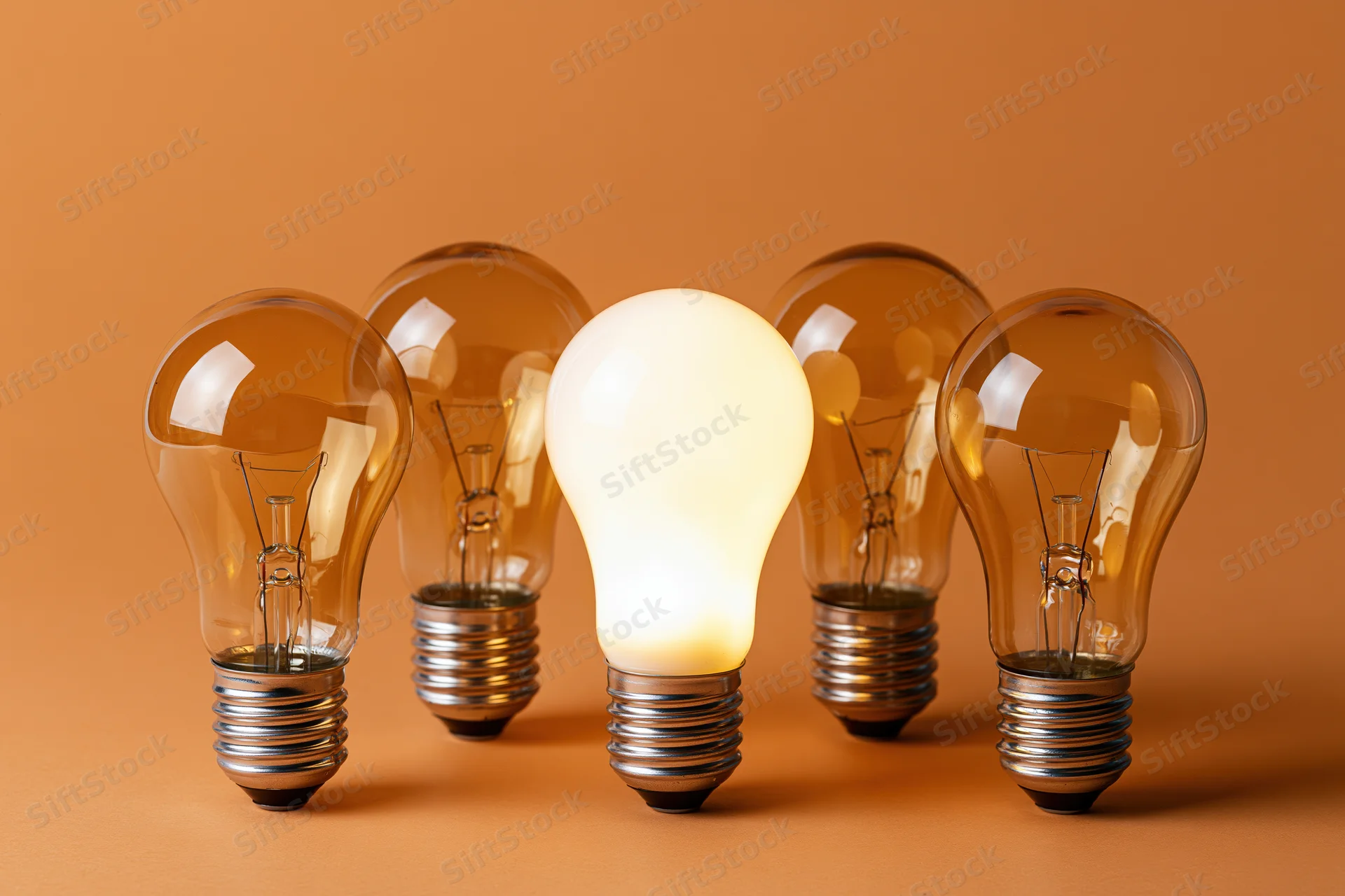 Five incandescent light bulbs in a row with one glowing brightly against an orange background