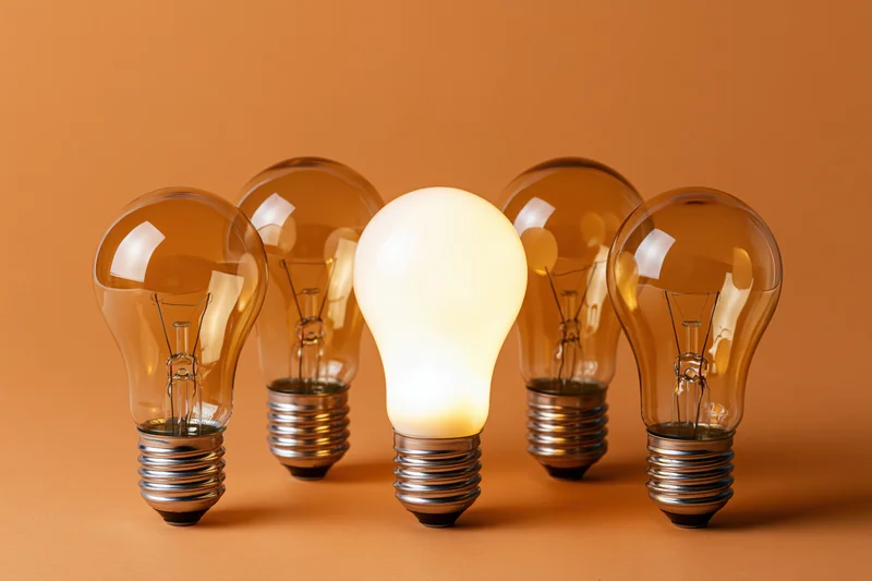 Five incandescent light bulbs in a row with one glowing brightly against an orange background