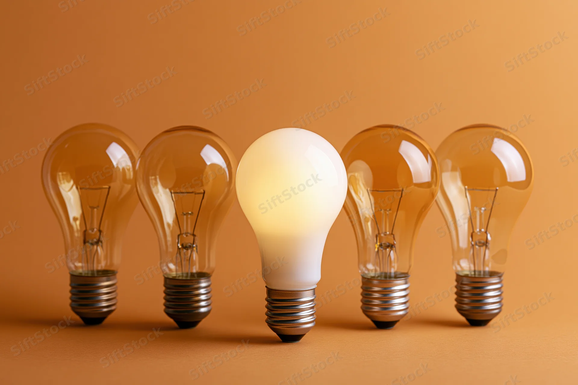 Five incandescent light bulbs in a row with one glowing against an orange background