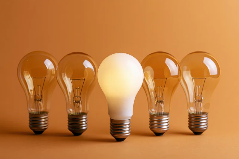 Five incandescent light bulbs in a row with one glowing against an orange background
