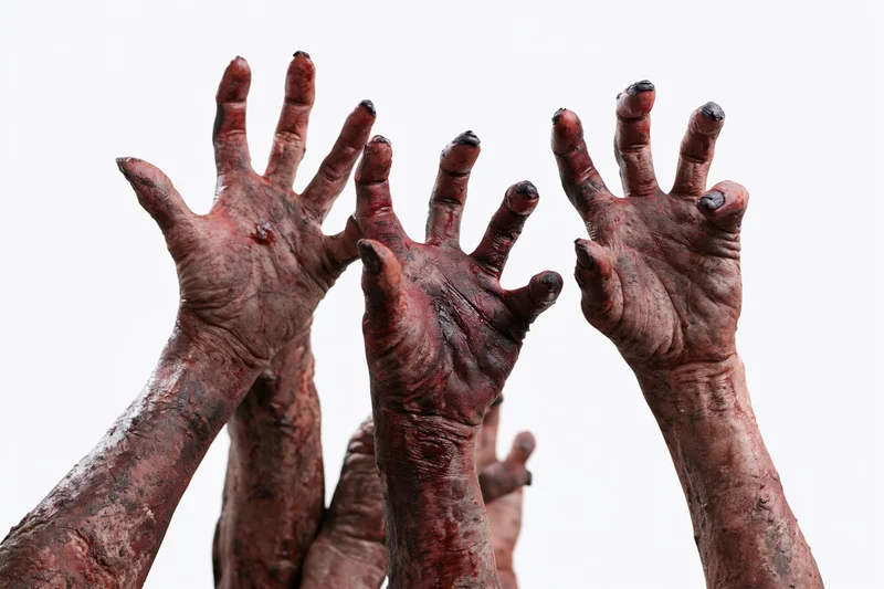 Zombie hands reaching upward with clawed fingers against white background
