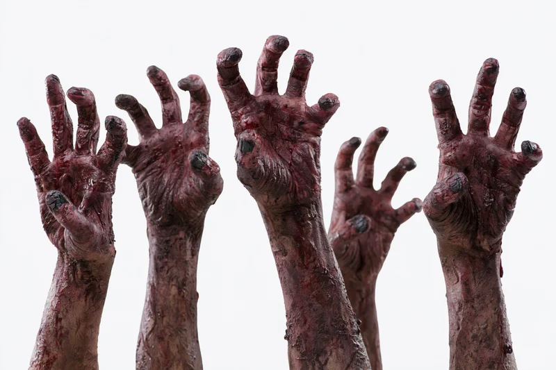 Five rotting zombie hands reaching upward against white background