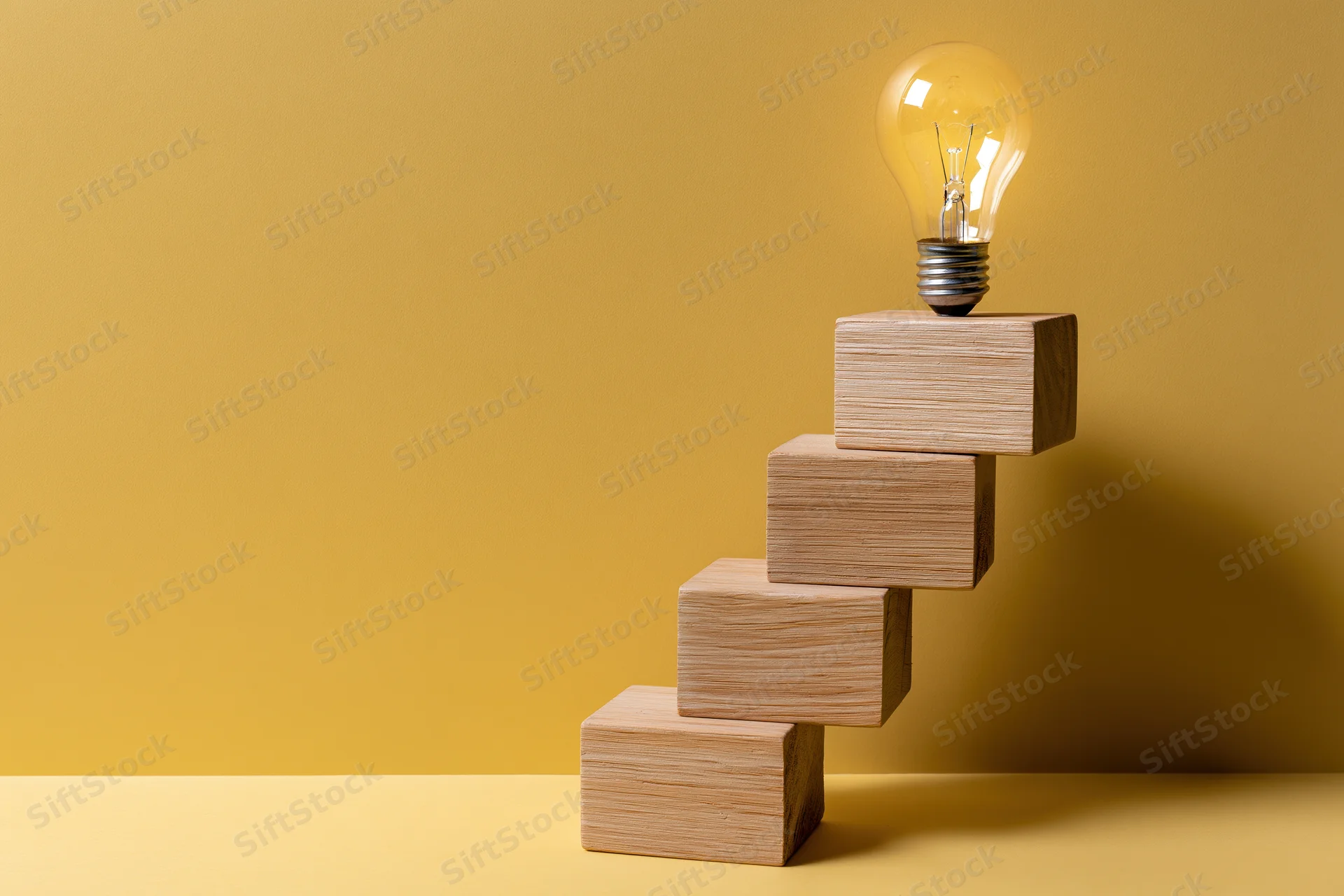 Wooden blocks arranged as ascending staircase with lightbulb on top against yellow background