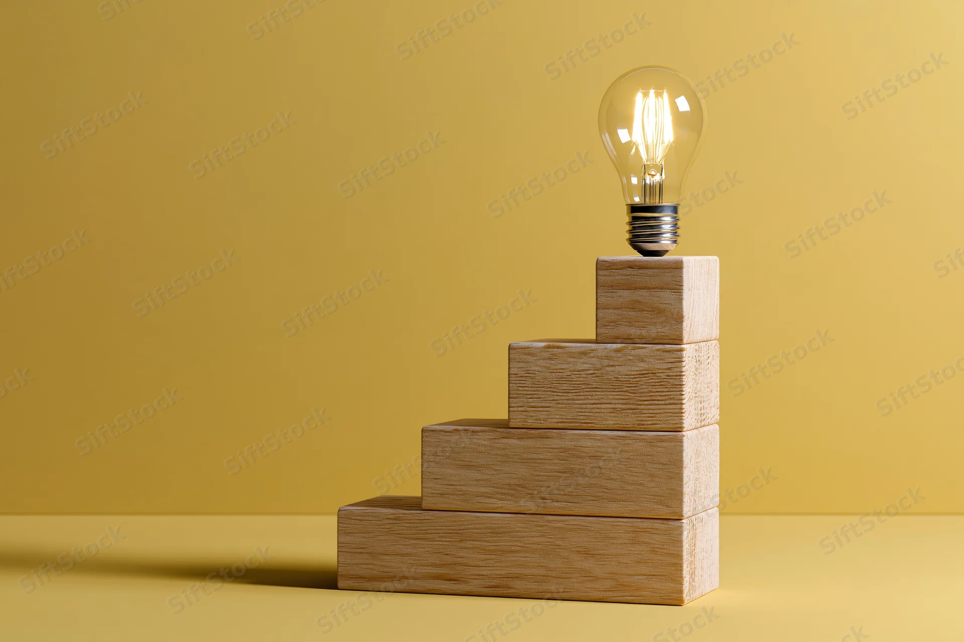 Wooden staircase steps with glowing lightbulb on top against yellow background