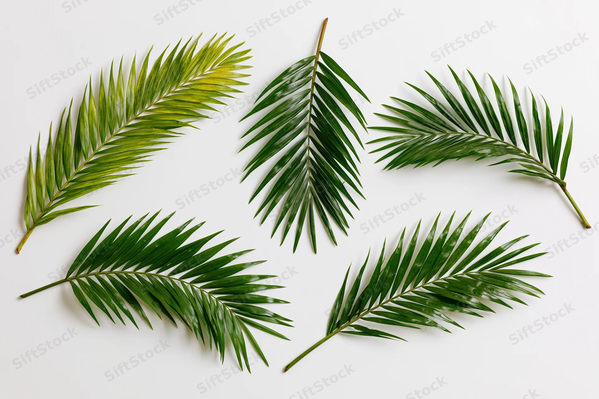 Five tropical palm fronds arranged separately on a white background