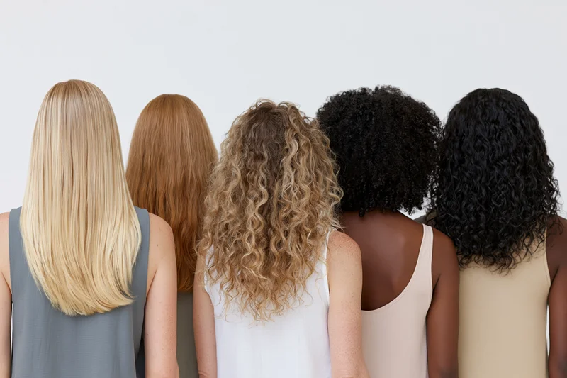 Five women standing back to camera showing diverse hair types and textures in studio setting