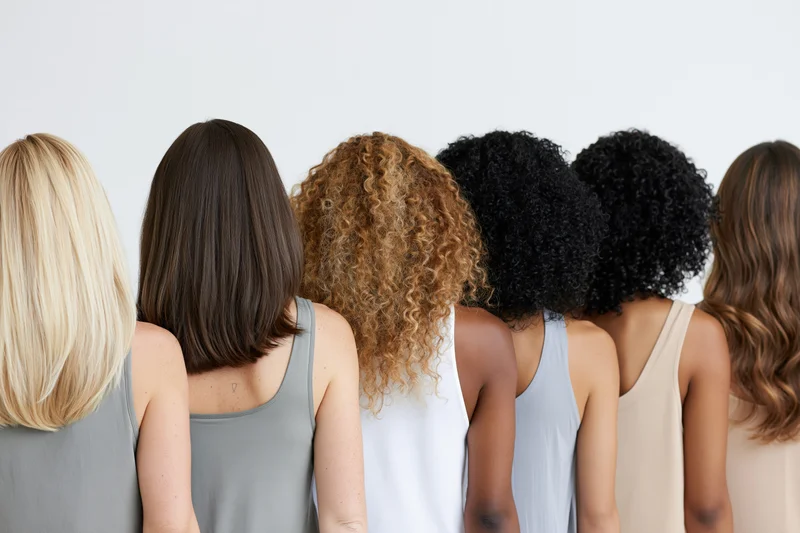 Five women standing back to camera showing diverse hair types and ethnicities in studio setting