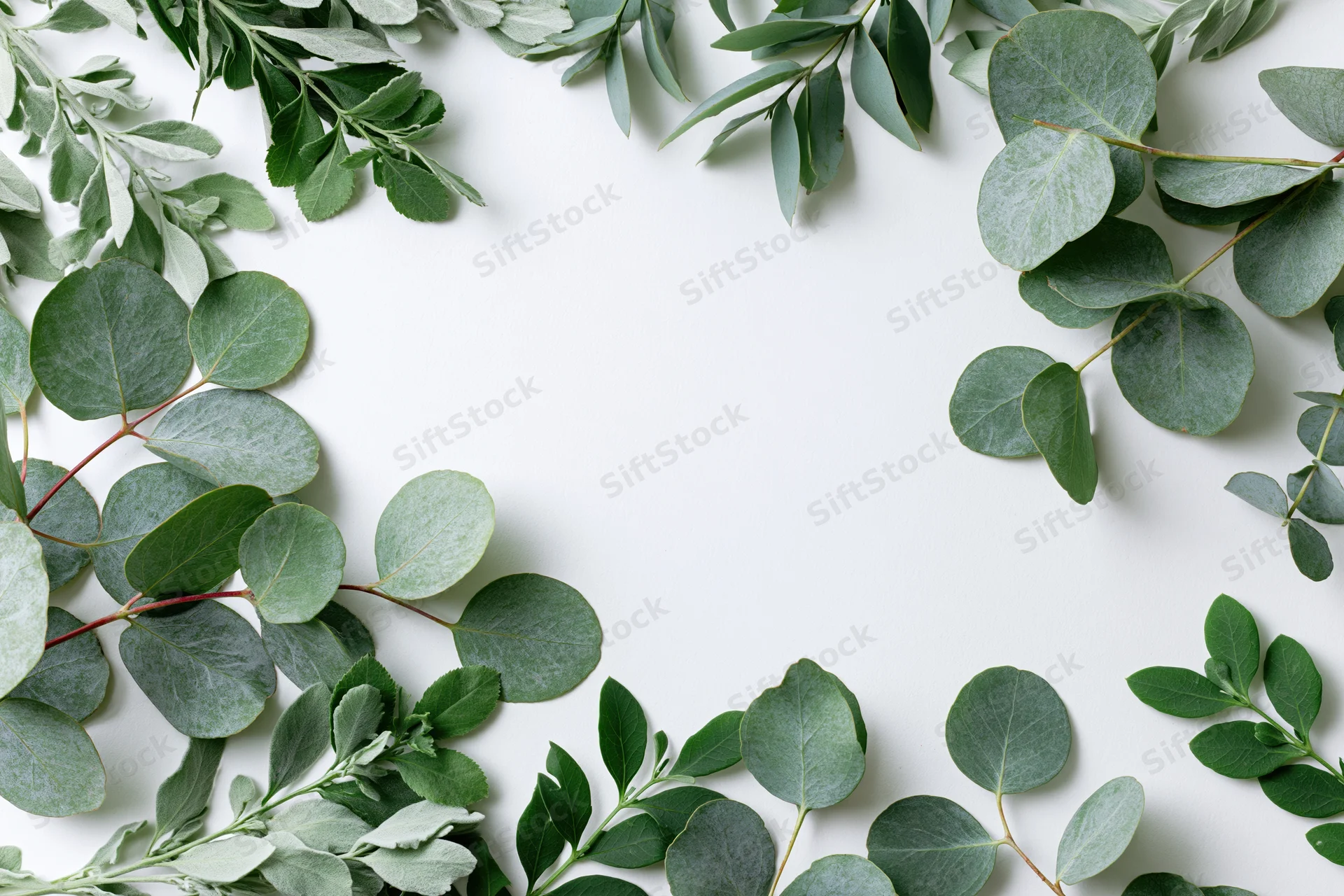 Eucalyptus and mixed green leaves arranged in a flat lay frame on white background with copyspace