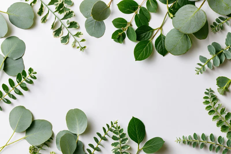 Flat lay of fresh eucalyptus and mixed green leaves arranged in a frame on white background