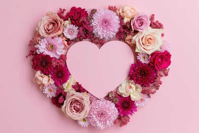 Heart-shaped floral arrangement made of pink and magenta roses and dahlia flowers on a pastel pink background