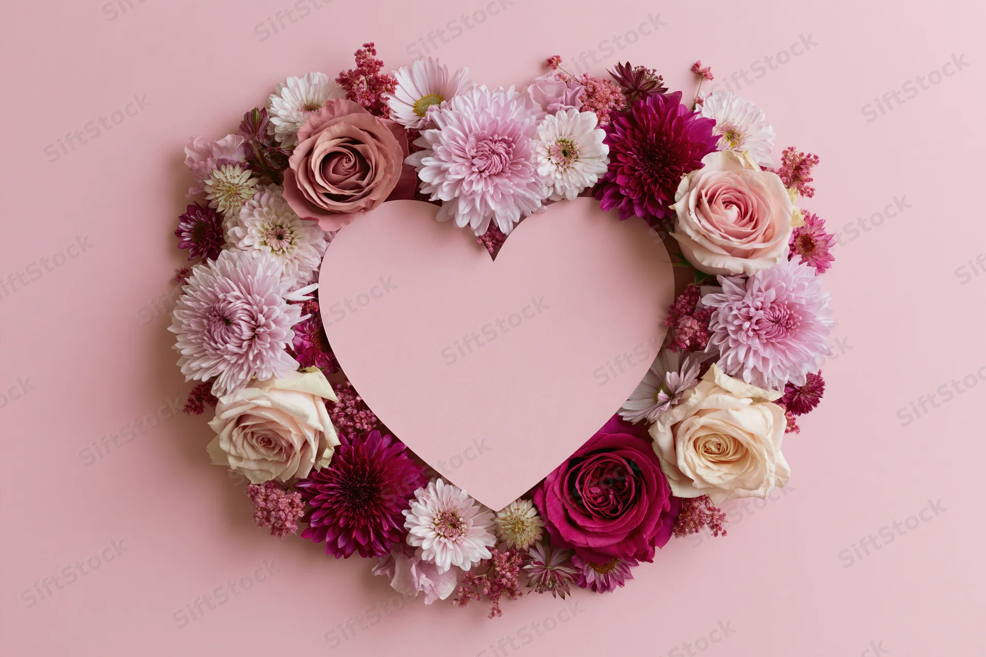 Heart-shaped floral arrangement with pink and magenta roses and chrysanthemums on a pastel pink background
