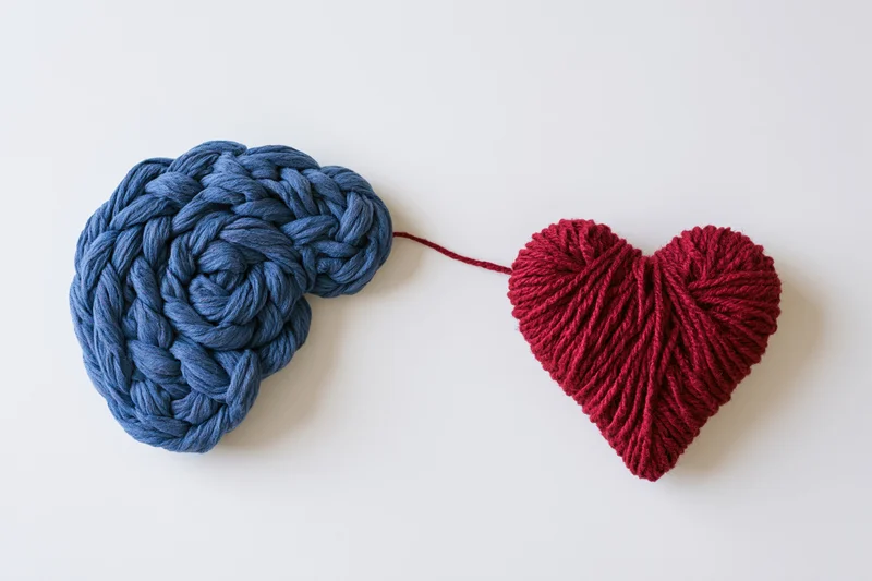 Blue yarn brain and red yarn heart connected by thread on white surface