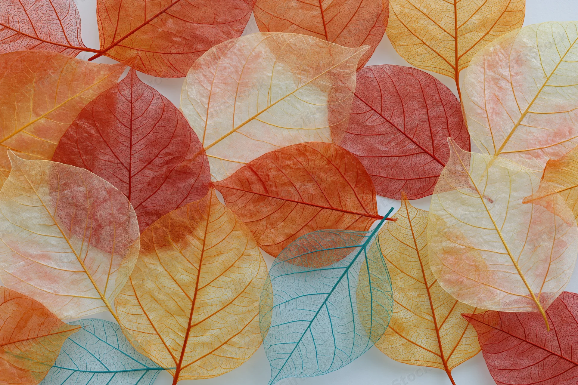 Translucent skeleton leaves overlapping in autumnal colors on white surface