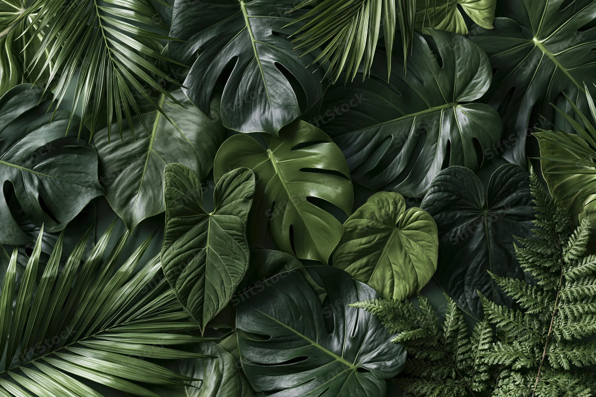 Overlapping tropical leaves arranged in a flat lay composition filling the frame