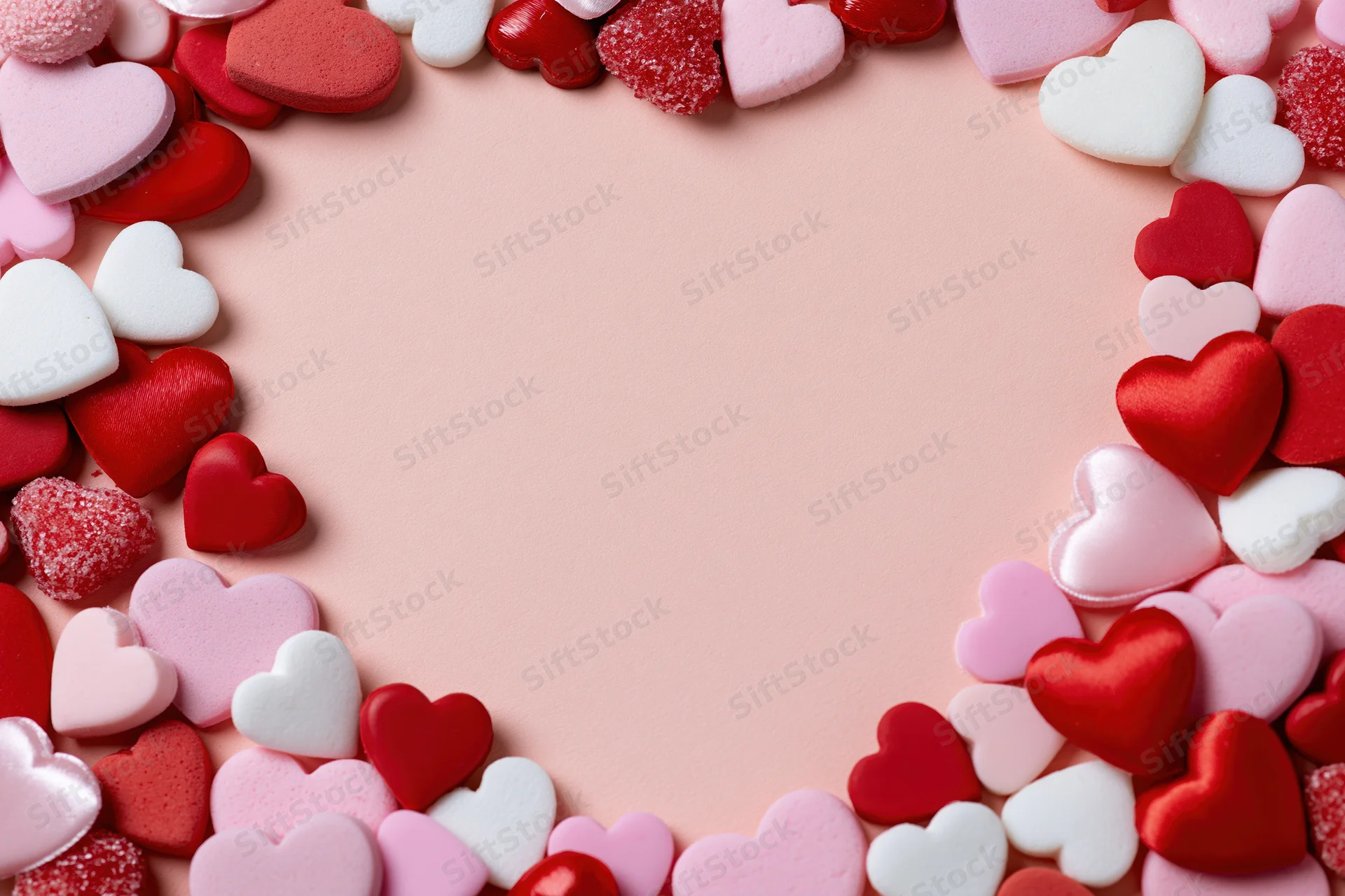 Heart-shaped candies arranged in a border around a pink surface with copyspace