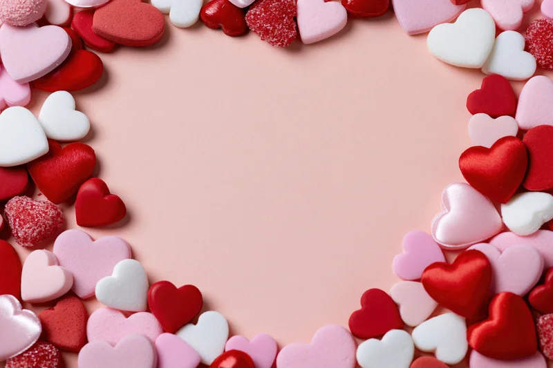 Heart-shaped candies arranged in a border around a pink surface with copyspace