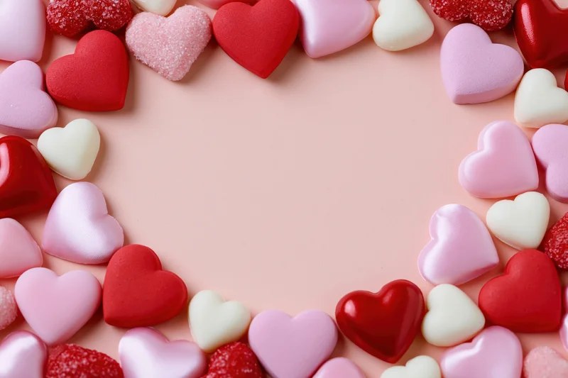 Heart-shaped candies arranged in a circular frame on a pink surface with copyspace in center