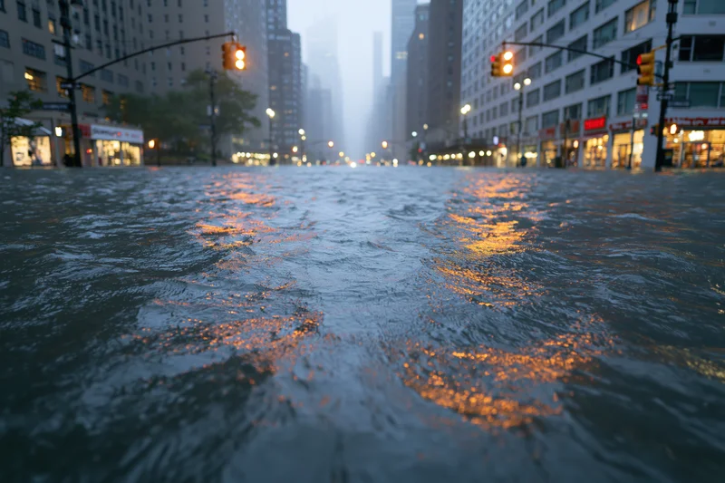 Flooded city street intersection with deep water reflecting traffic lights at dusk