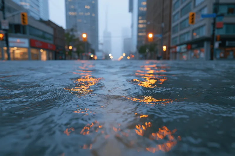 Flooded city street intersection with water covering pavement and reflections of traffic lights at dusk