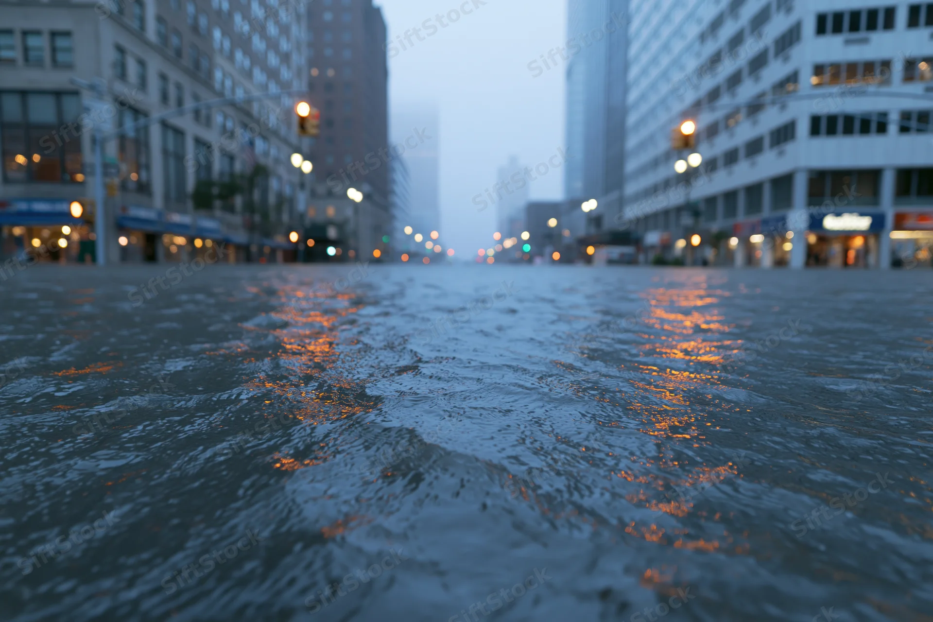 Flooded city street intersection with rippling water reflecting streetlights at dusk
