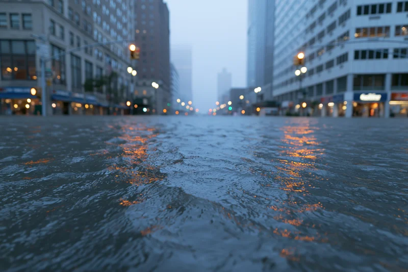 Flooded city street intersection with rippling water reflecting streetlights at dusk