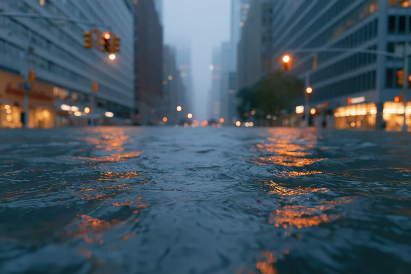 Flooded city street intersection with rippling water reflecting traffic lights and buildings at dusk