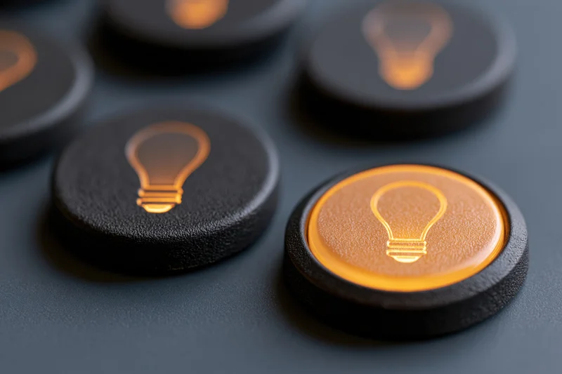 Illuminated lightbulb button among dark matte buttons on a panel