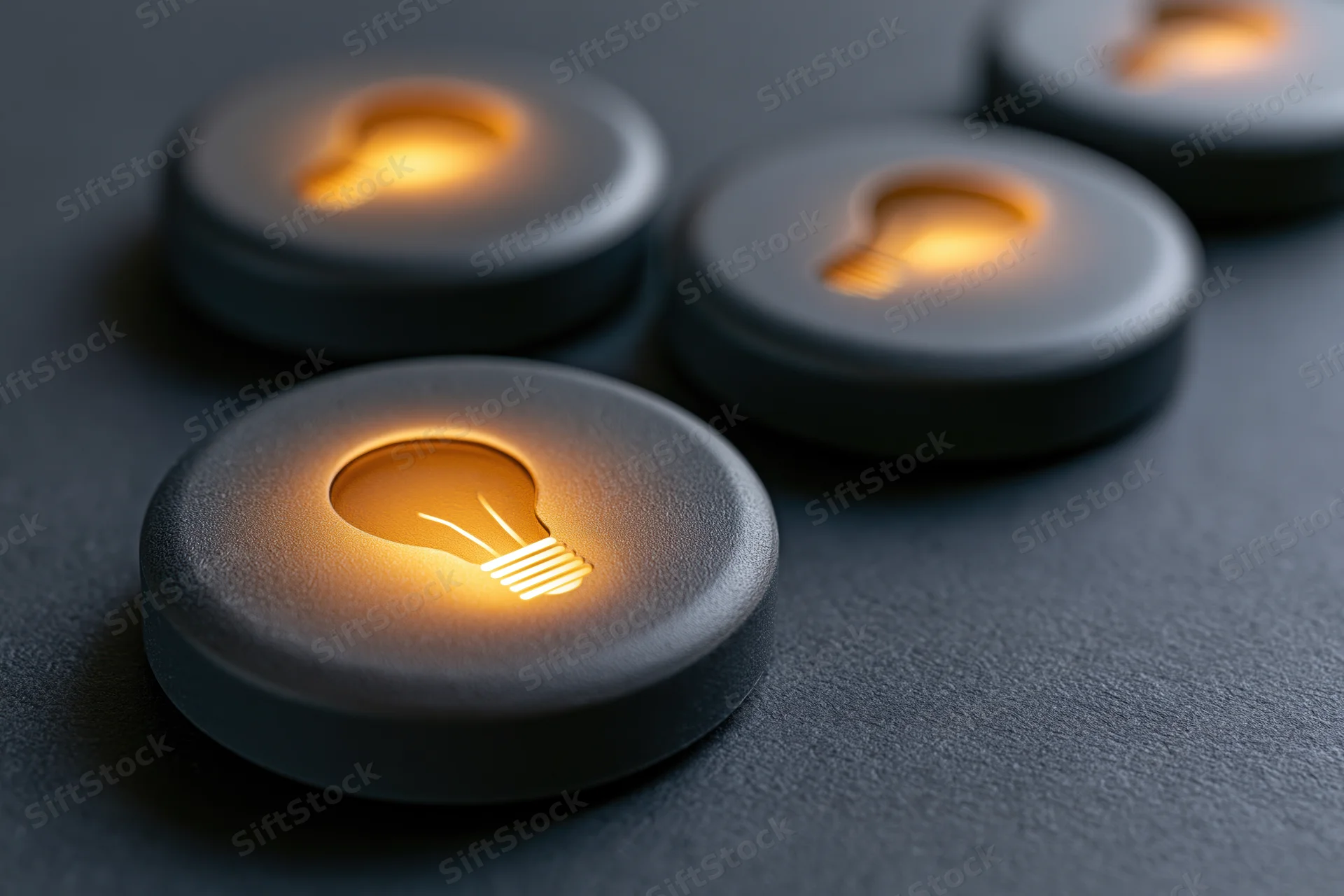 Four dark matte buttons with glowing lightbulb symbols arranged in a row on a textured surface