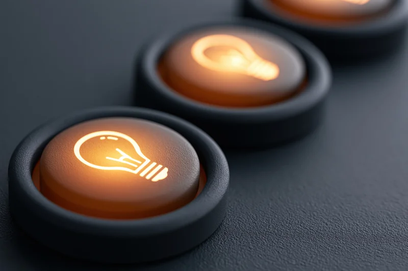 Row of illuminated buttons with lightbulb symbols on dark surface