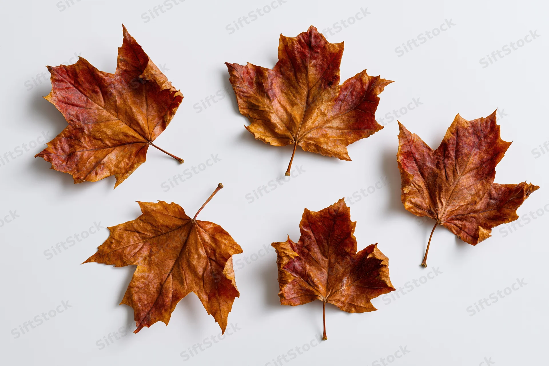 Five dried maple leaves arranged in a grid on a white surface