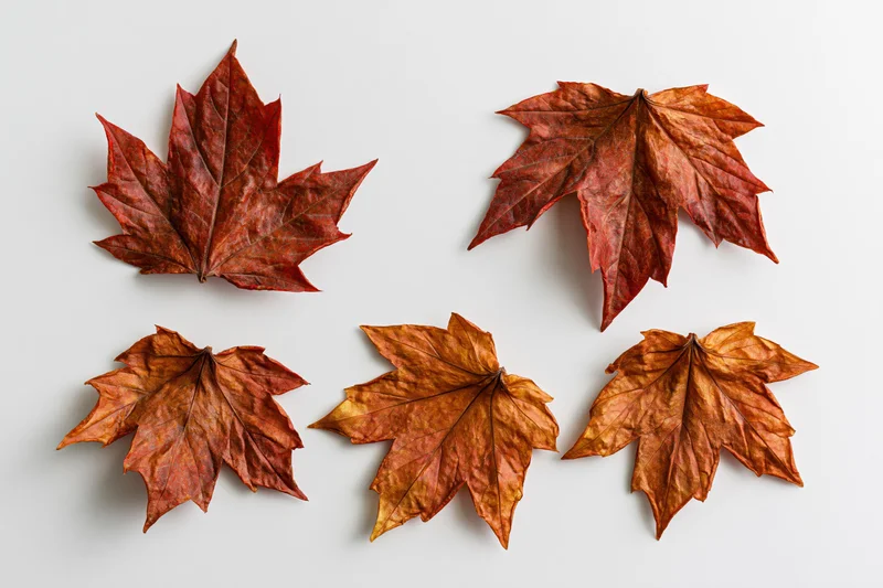 Five dried maple leaves arranged in a grid on a white surface