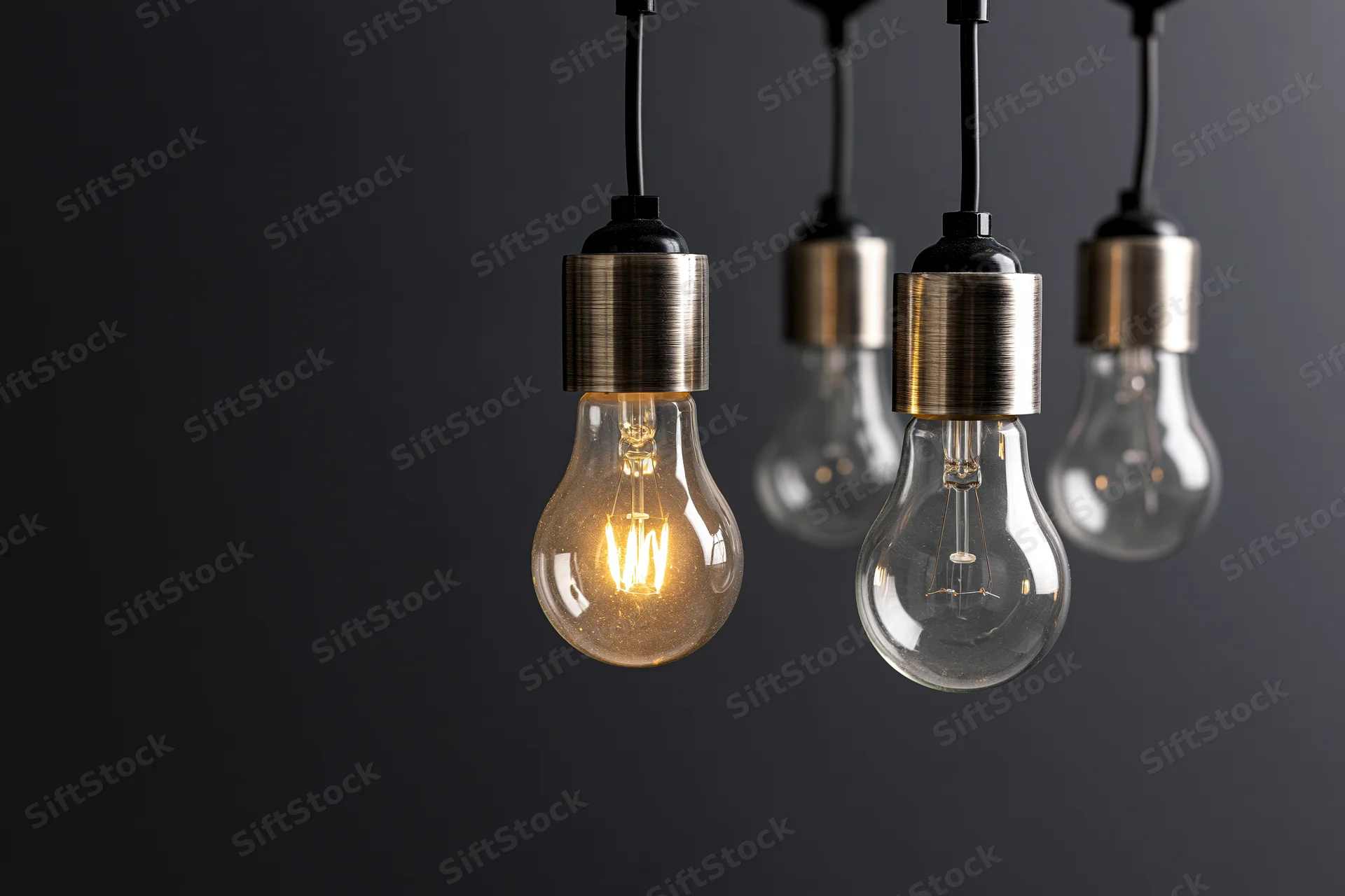 Four incandescent light bulbs hanging from ceiling sockets with one illuminated against dark background