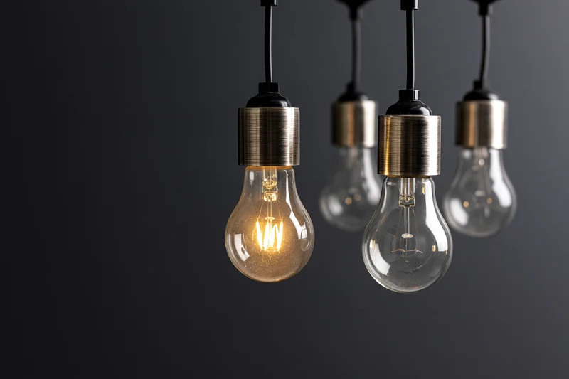 Four incandescent light bulbs hanging from ceiling sockets with one illuminated against dark background