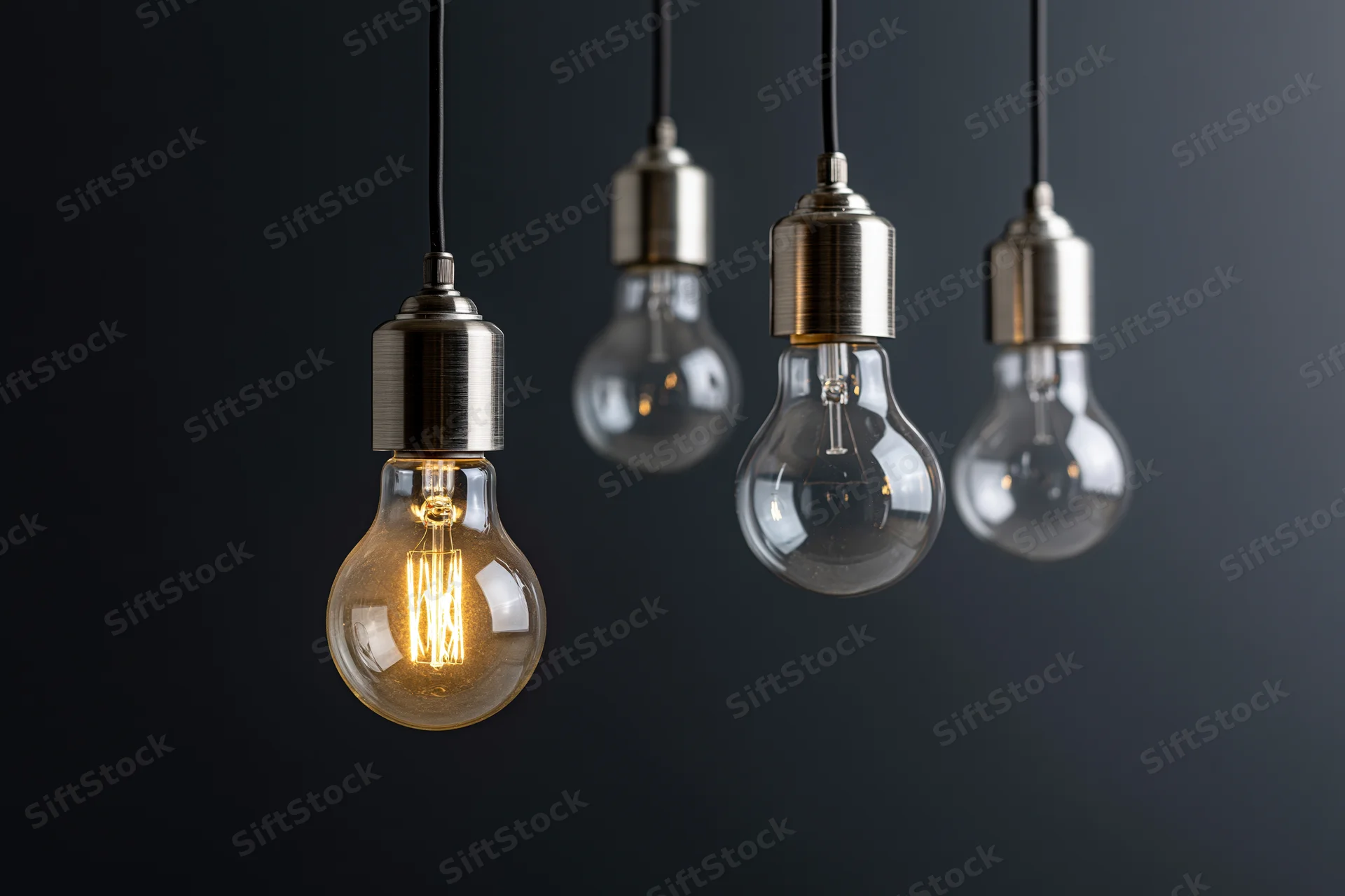 Four incandescent light bulbs hanging from ceiling sockets with one illuminated against dark background