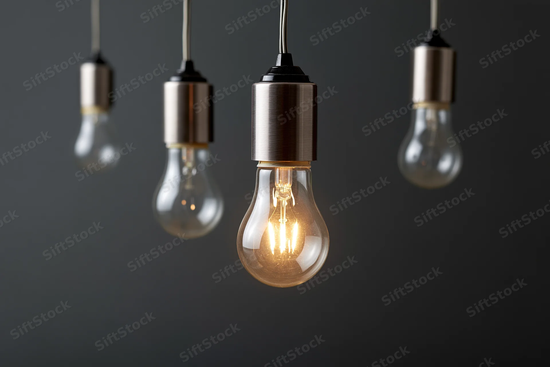 Four incandescent light bulbs hanging from ceiling sockets with one illuminated against dark background