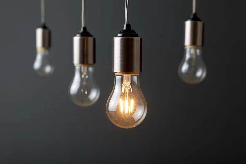 Four incandescent light bulbs hanging from ceiling sockets with one illuminated against dark background