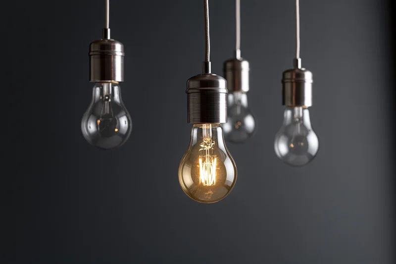 Four hanging incandescent light bulbs with one illuminated against a dark background