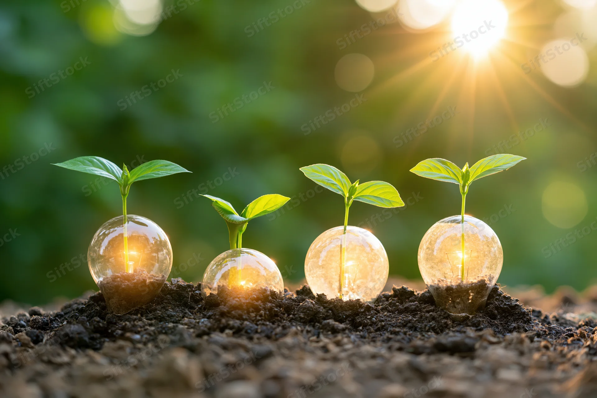 Four seedlings growing from glowing lightbulbs in soil under sunlight