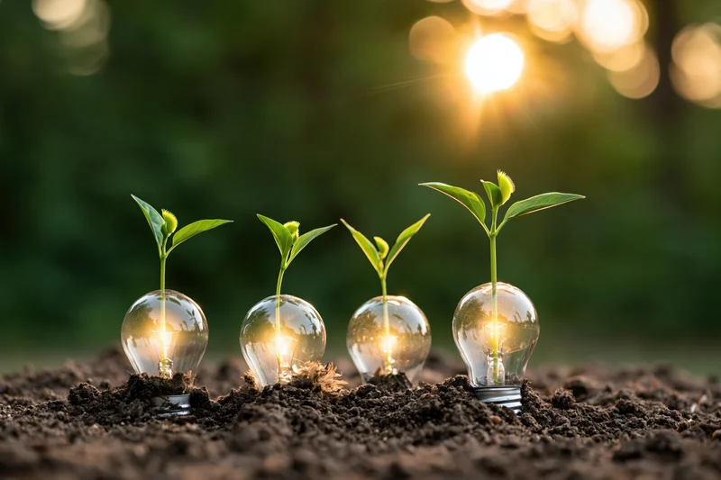 Four seedlings growing from glowing lightbulbs in soil under sunlight