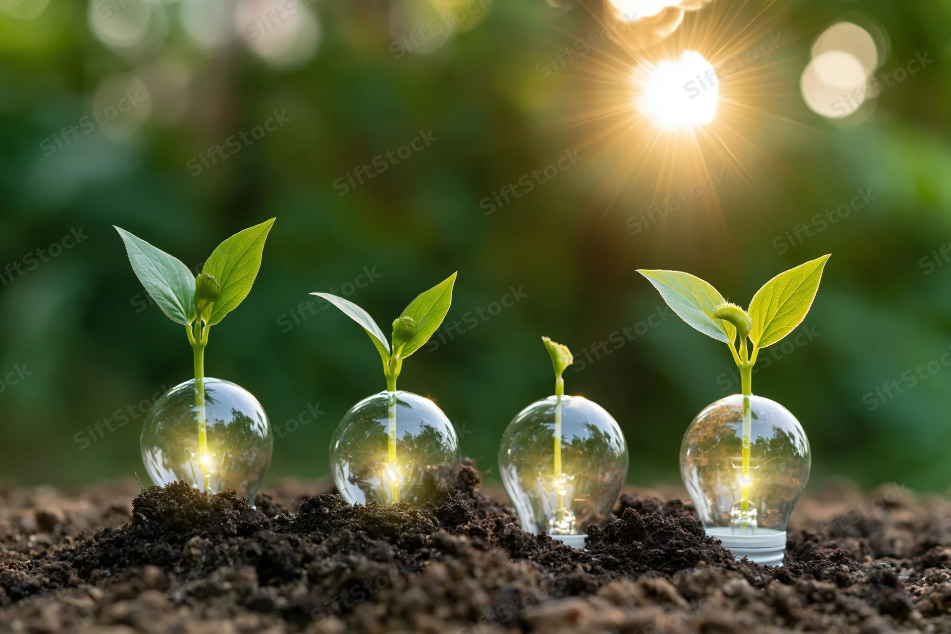 Four seedlings growing from lightbulbs in soil under sunlight