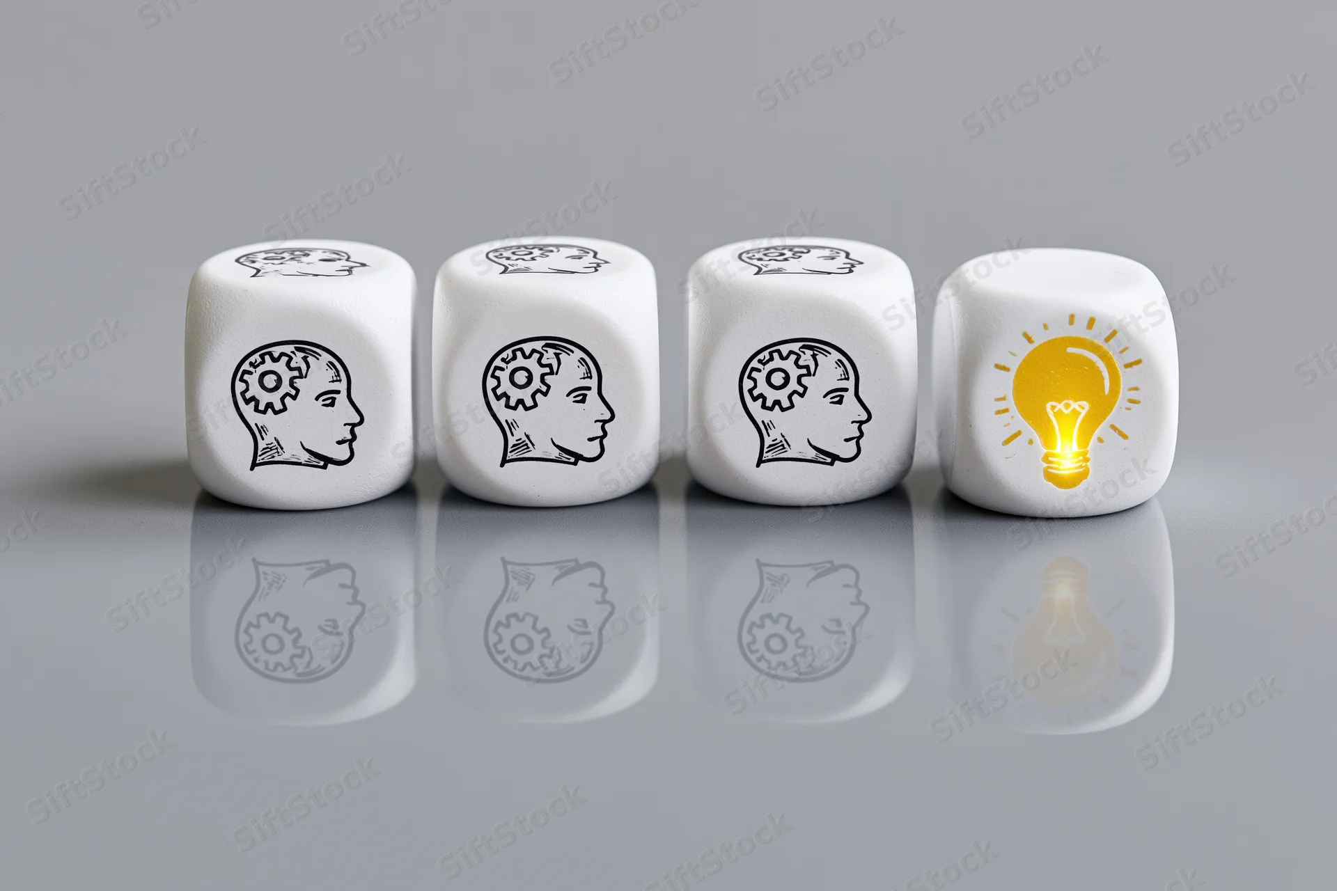 Four white dice in a row with brain and lightbulb symbols on a reflective gray surface