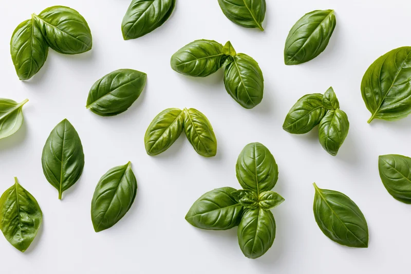 Fresh basil leaves scattered across a white surface