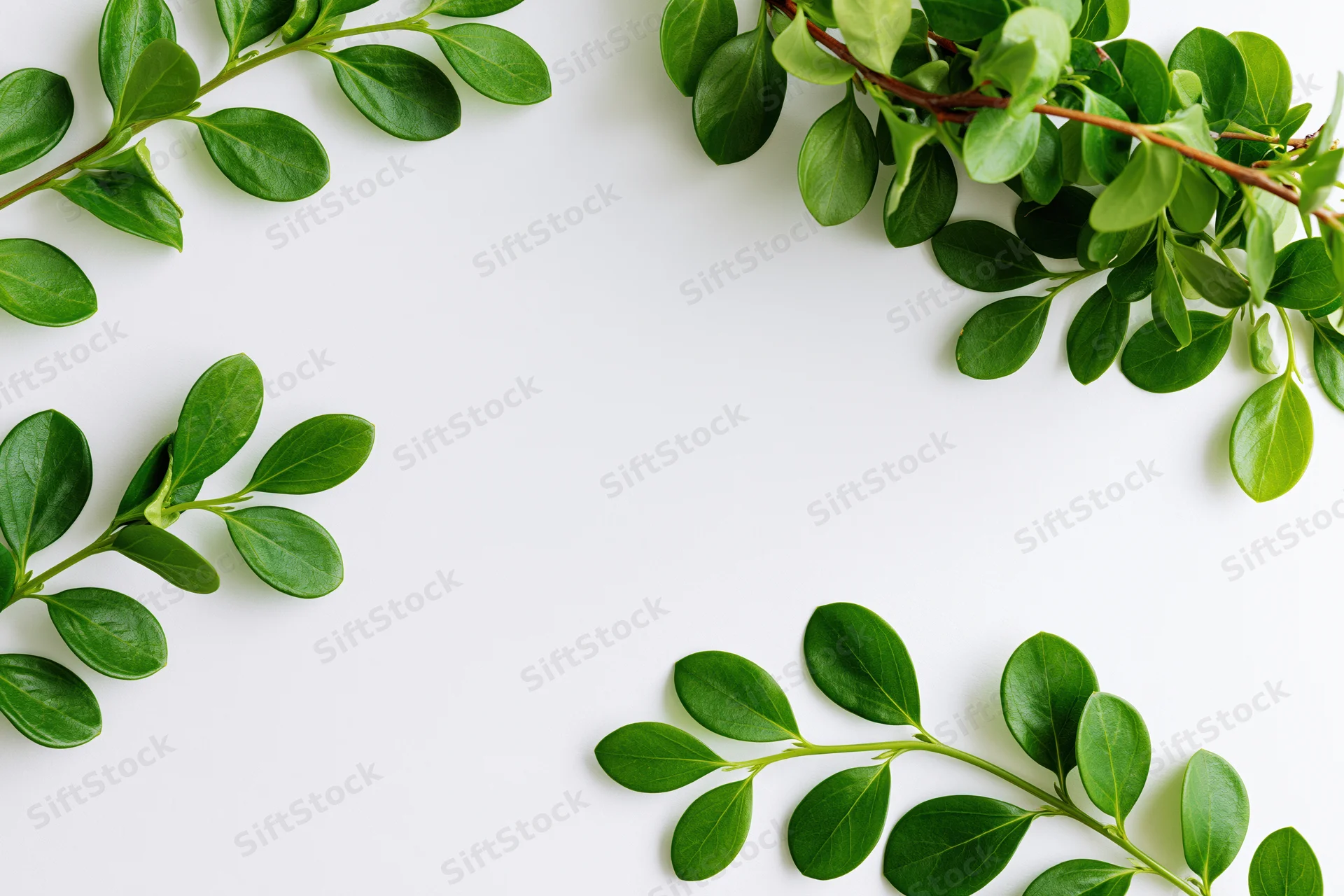 Green leafy branches arranged as a natural border frame on white background