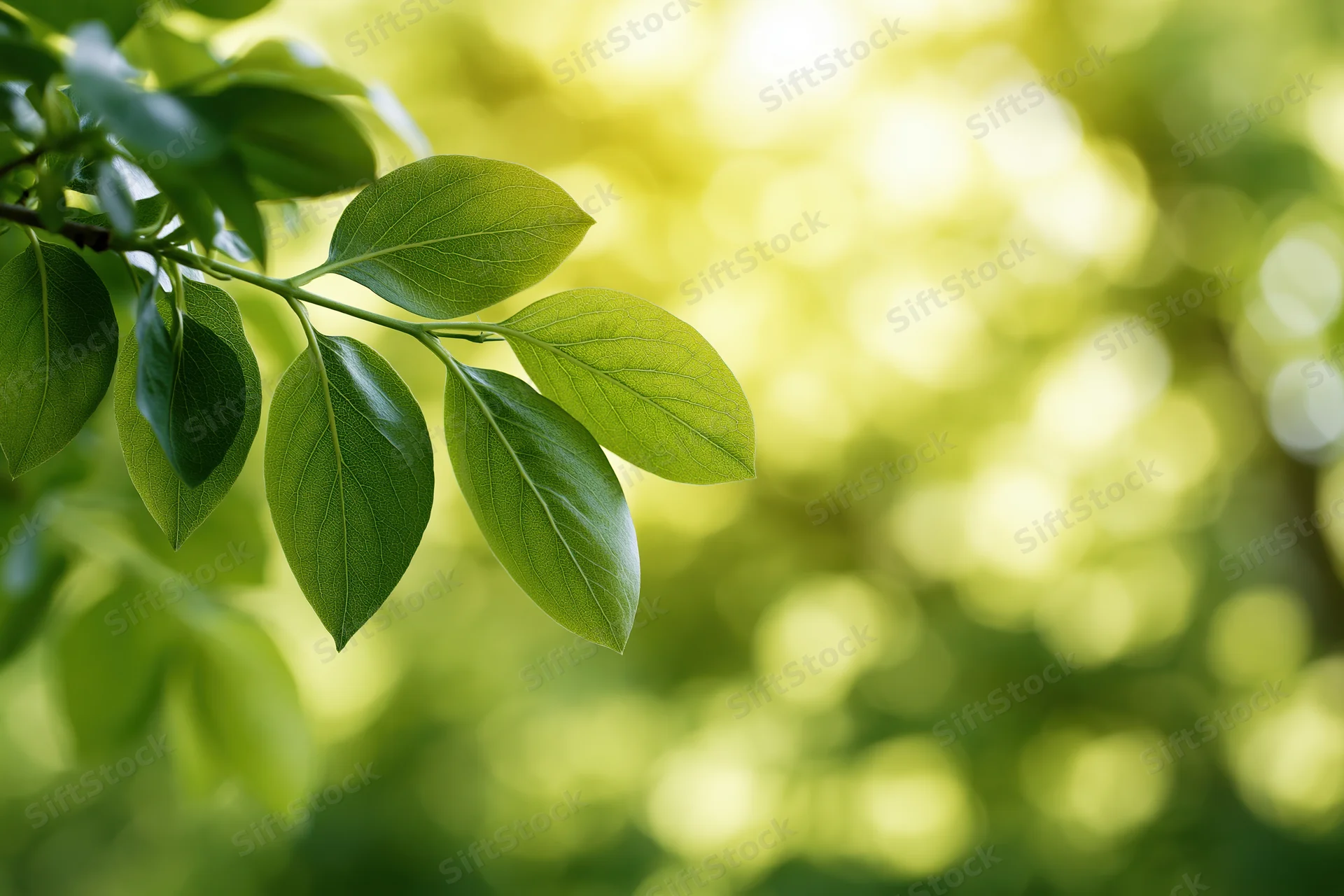 Green leaves on a branch in sunlight with blurred foliage background