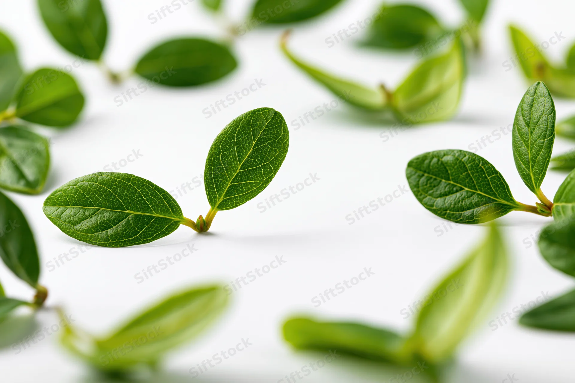 Fresh green leaves scattered on a white surface with soft focus background