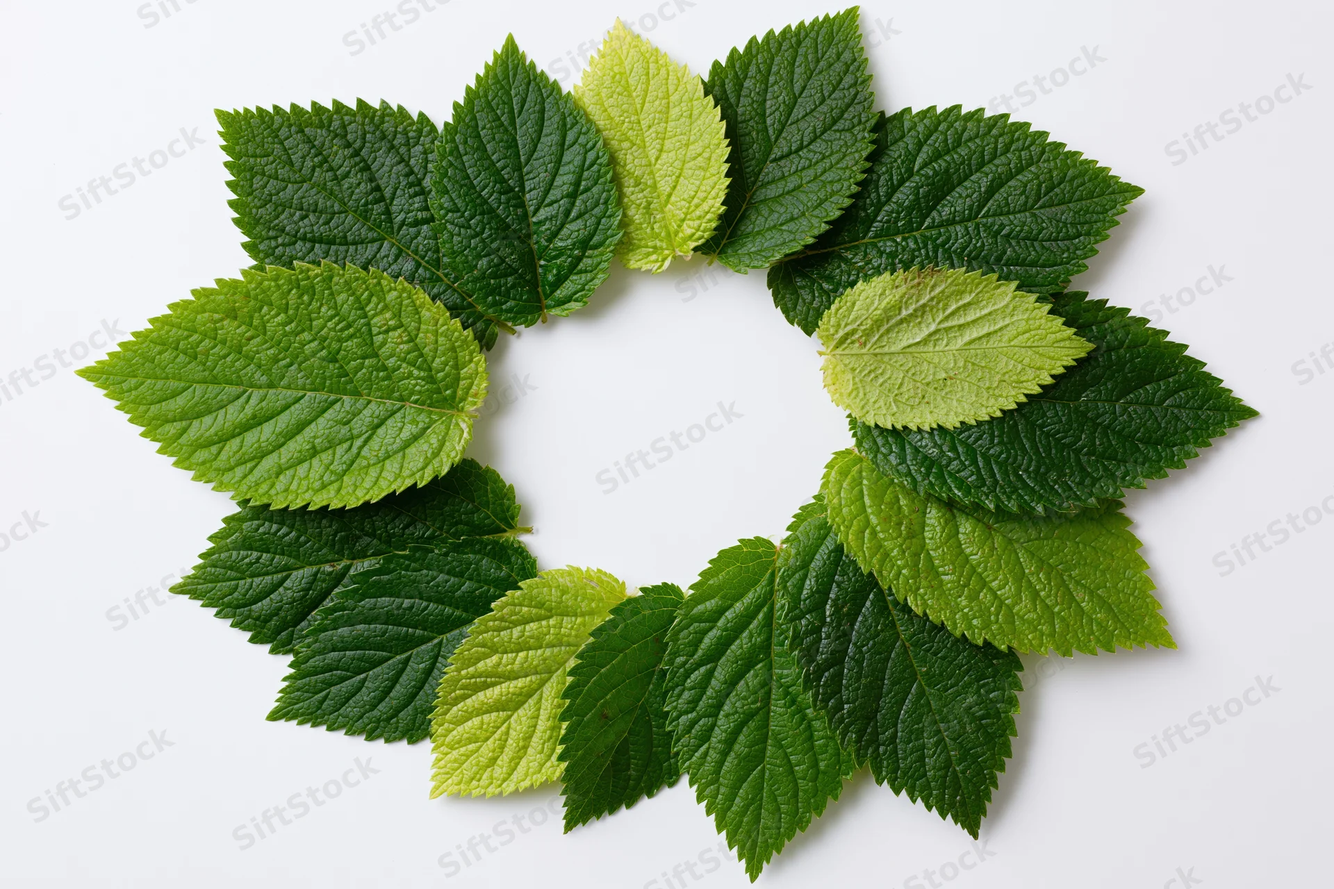 Green serrated leaves arranged in a circular wreath on white background