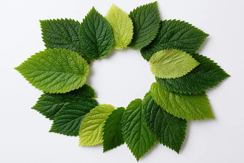 Green serrated leaves arranged in a circular wreath on white background