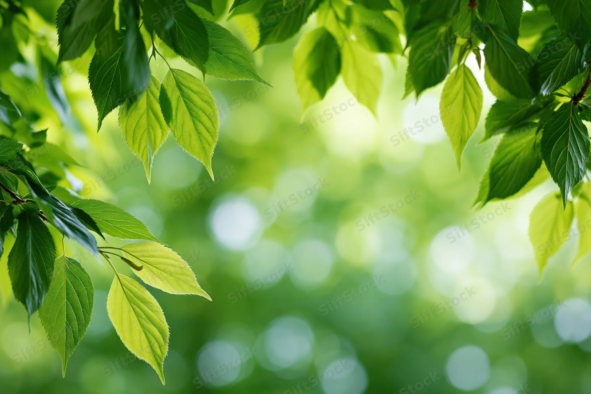 Green tree leaves framing the edges of the image with soft blurred background