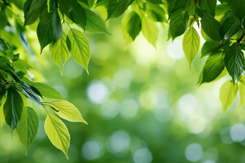 Green tree leaves framing the edges of the image with soft blurred background