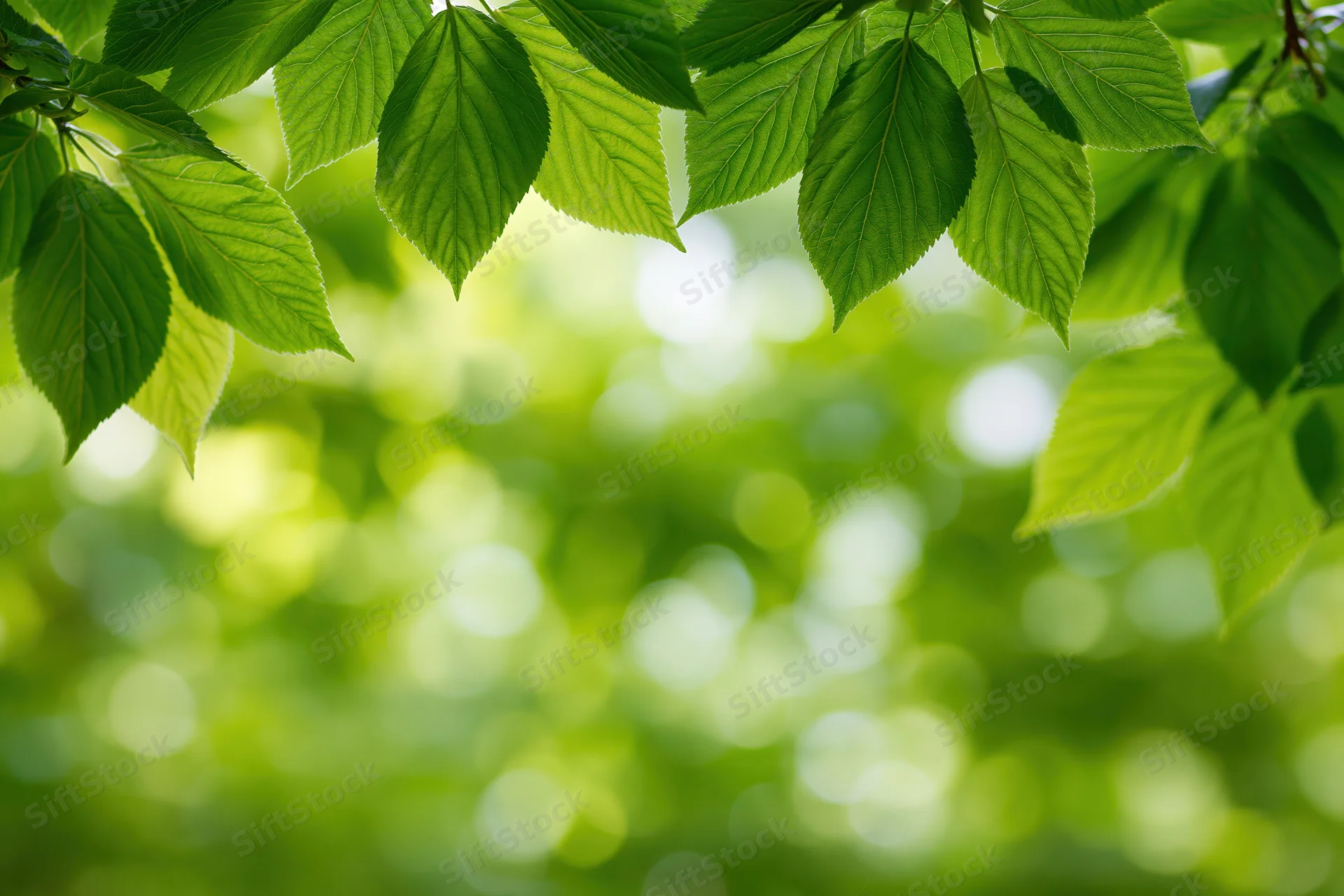 Green tree leaves framing the top and sides with blurred foliage background